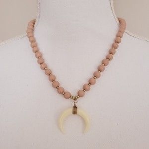 Unique Beaded Horn Beige Pink Crescent Moon Short Necklace